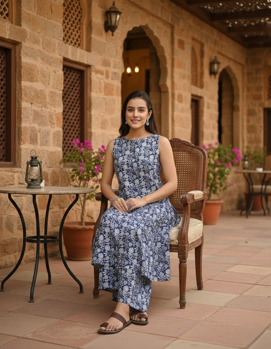 Women’s White Elephant & Umbrella Printed A-Line Kurta with Palazzo Set