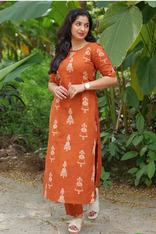 Women’s Cream Floral Printed Straight Kurti with Pants