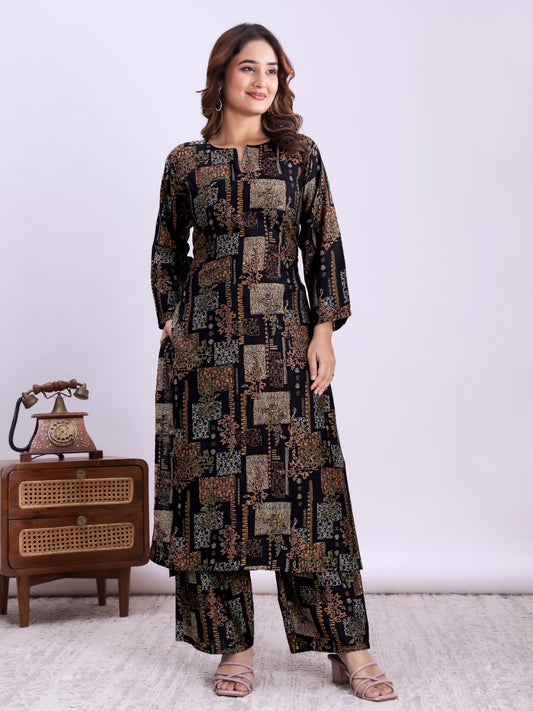 YASHVI Women's Elegant Printed Viscose Rayon Kurta Pant Set - Black