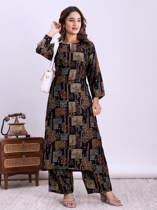 YASHVI Women's Elegant Printed Viscose Rayon Kurta Pant Set - Black