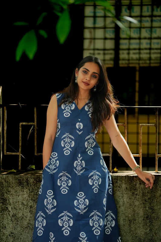 Indigo Floral Printed Sleeveless Cotton A-Line Kurta