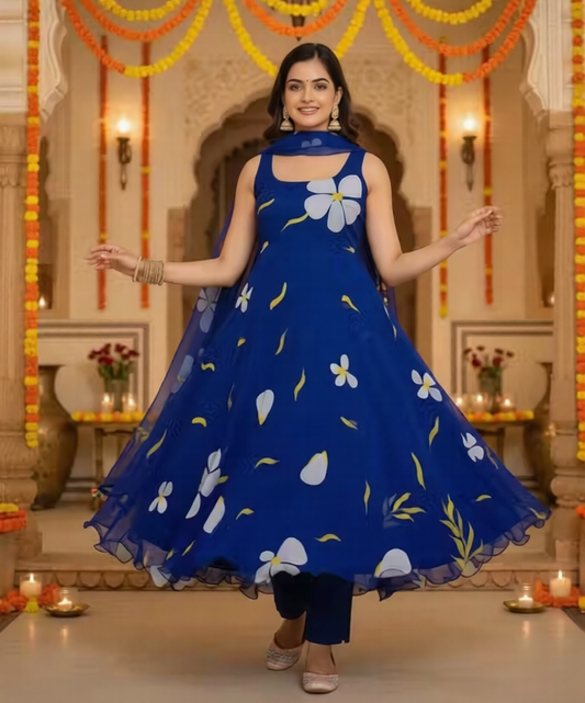 Women’s black Floral Printed Anarkali Kurti with Dupatta