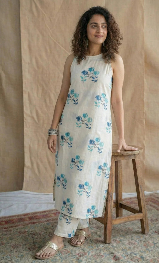 Floral Printed Sleeveless Cotton Kurta Pant Set