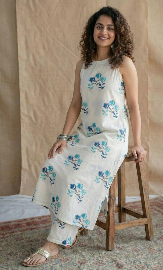 Floral Printed Sleeveless Cotton Kurta Pant Set