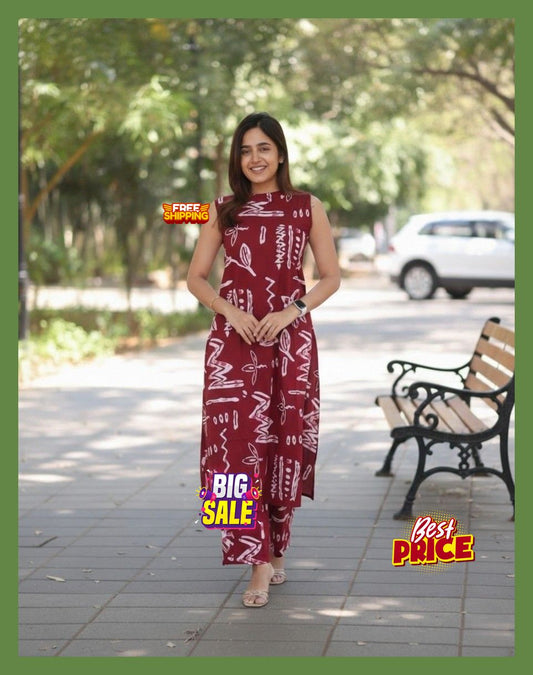 Abstract Printed Sleeveless Cotton Kurta Pant Set